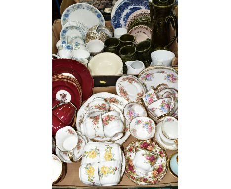 TWO BOXES OF TEA WARES, to include a Royal Albert Old Country Roses trio, fifteen pieces of Paragon Elizabeth Rose tea wares,