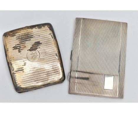 TWO SILVER CIGARETTE CASES OF RECTANGULAR FORM, one engine turned with rectangular vacant cartouche, gilt interior, loose ela