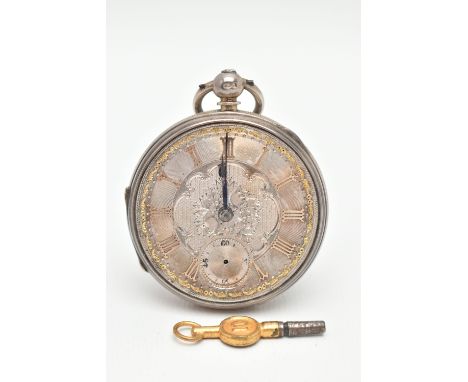 A LATE VICTORIAN SILVER OPEN FACE POCKET WATCH, key wound, round floral detailed two tone dial, Roman numerals, blue steel ha