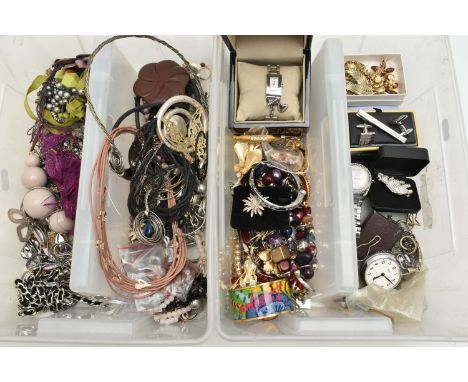 TWO PLASTIC STORAGE TRAYS WITH COSTUME JEWELLERY, to include an 'Armani Exchange' stainless steel, chronograph wristwatch, st