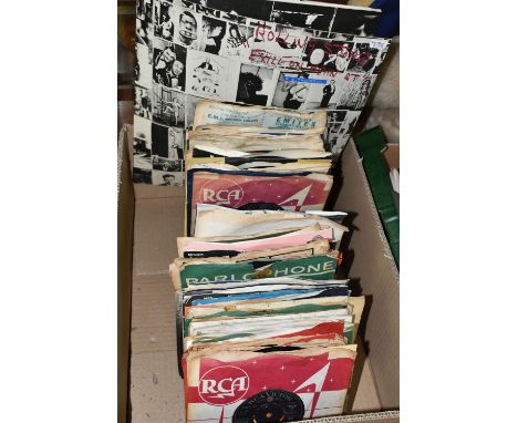 ONE BOX OF SINGLES AND A ROLLING STONES 'EXILE ON MAIN STREET' ALBUM 1972 COC 69100-B, together with seventy single records a