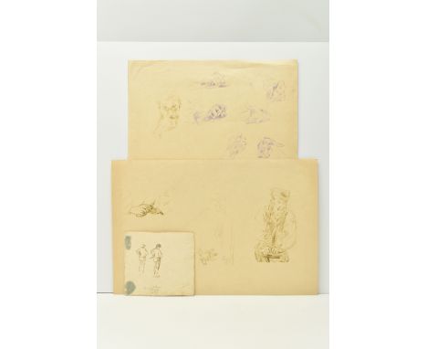 CIRCLE OF NICHOLAS POCOCK (1740-1821) UNSIGNED STUDIES OF HANDS AND FIGURES, three sheets of paper, the first depicts seven s