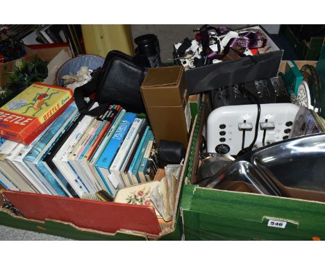 THREE BOXES OF KITCHEN EQUIPMENT, BOOKS AND SUNDRIES, to include a Morphy Richards four slice toaster, stainless steel tea se