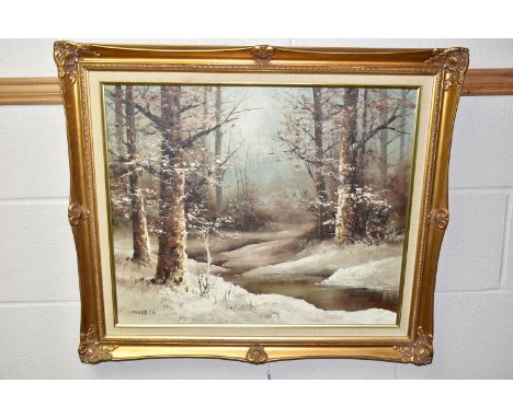 A SMALL QUANTITY OF PAINTINGS AND PRINTS, to include a late 20th century winter landscape signed Morris, approximate size 50c