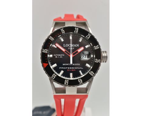 A BOXED 'LOCMAN ITALY' WRISTWATCH, automatic movement, round black dial signed 'Locman Italy, Automatic S.I.O Montecristo Pro