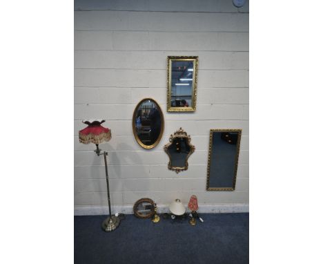 A SELECTION OF VARIOUS MIRRORS AND LAMPS, to include a Clark Eaton foliate gilt frame wall mirror, a rectangular gilt frame b