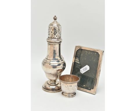 THREE PIECES OF 20TH CENTURY SILVER, comprising a George VI sugar caster of baluster form, foliate pierced pull off cover, ma