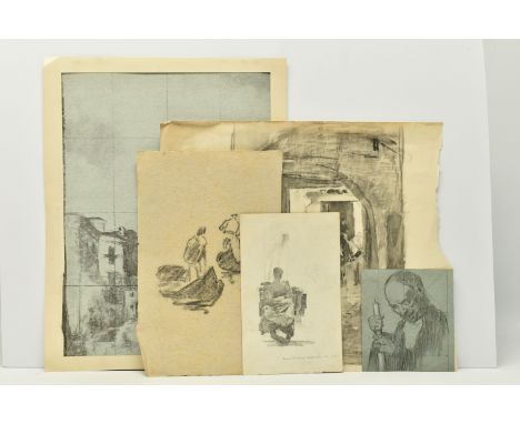 CIRCLE OF JAMES KERR LAWSON, FIVE UNSIGNED SKETCHES, comprising a continental village with figures, approximate size  40cm x 