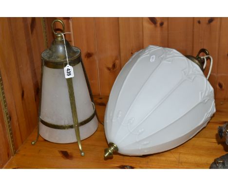 AN EARLY 20TH CENTURY ARTS AND CRAFTS DESIGN MOULDED OPALINE GLASS LANTERN, with brass fittings, missing chain, height 55cm, 