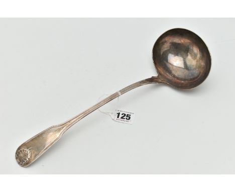 A GEORGE III SILVER FIDDLE, THREAD &amp; SHELL PATTERN SOUP LADLE, makers William Eley  &amp; William Fearn, London 1800, 6.6