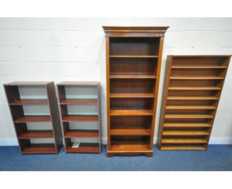 A YEW WOOD OPEN BOOKCASE, with four adjustable shelves and a single fixed shelf, width 81cm x depth 36cm x height 195cm, a pa