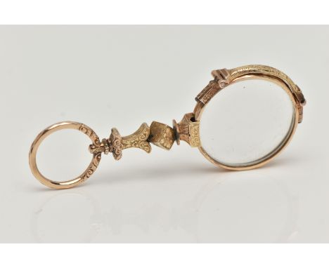 A PAIR OF EARLY 20TH CENTURY, 12CT GOLD LORGNETTE READING GLASSES, decorated with a floral and foliage pattern, signed 'Hawes