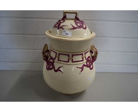 LARGE VICTORIAN CERAMIC TWO-HANDLED JAR WITH RIBBON MOUNTS