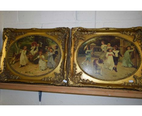 PAIR OF CONTEMPORARY VICTORIAN STYLE OLEOGRAPH PRINTS, SET IN HEAVY GILT FRAMES, 49CM WIDE