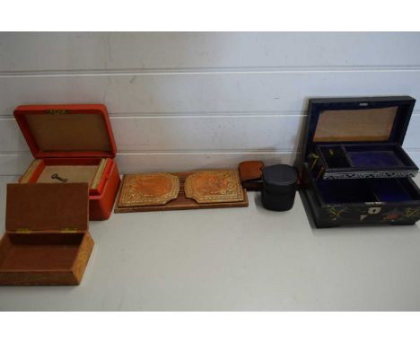 MIXED LOT VINTAGE JEWELLERY BOXES, LEATHER MOUNTED ADJUSTABLE BOOK RACK AND OTHER ITEMS