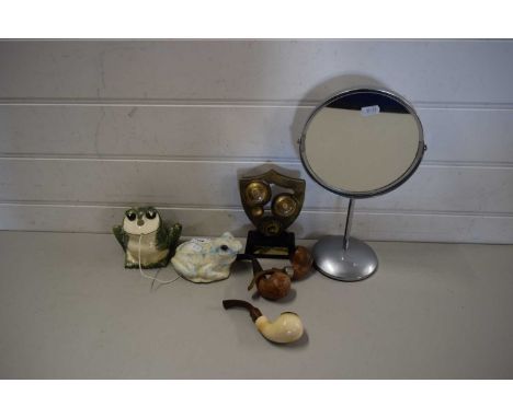 MIXED LOT VARIOUS TOBACCO PIPES, SHAVING MIRROR, MODEL FROGS ETC