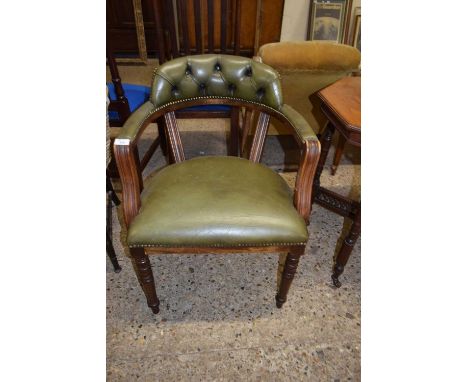 GREEN LEATHER UPHOLSTERED BOW BACK CHAIR ON TURNED LEGS