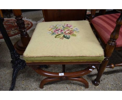 VICTORIAN MAHOGANY FRAMED FOOT STOOL WITH X-SHAPED FRAME AND TAPESTRY TOP, 54CM WIDE