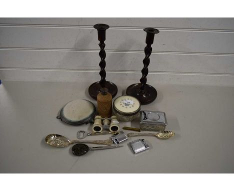 MIXED LOT OF WOODEN BARLEY TWIST CANDLESTICKS, VARIOUS DRESSING TABLE BOXES, MOTHER OF PEARL OPERA GLASSES ETC