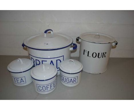 FIVE VARIOUS ENAMEL KITCHEN STORAGE CONTAINERS TO INCLUDE A BREAD BIN AND FLOUR BIN