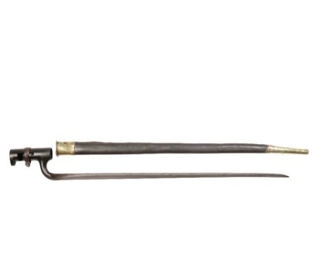 ENFIELD SOCKET BAYONET, 1853 PATTERN with original leather and brass scabbard, marked "V.K.33.56", 56cm long 