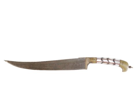 LATE 19TH CENTURY PERSIAN DAGGER with curved blade, brass and mother of pearl inlaid handle, 27cm long