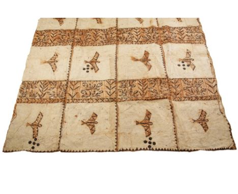 LARGE FINE TONGAN BARK CLOTH stencilled with vegetable &amp; mineral dyes of black &amp; red ochre, divided by foliate &amp; 