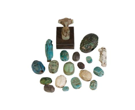 ANCIENT EGYPTIAN FAIENCE SCARAB, thirteen other scarabs and three Egyptian faience amulet beads. Provenance: The Peter Newall