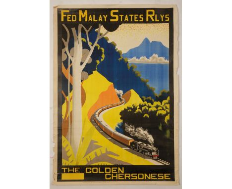 TWO VINTAGE COLOURED POSTERS 'Fed Malay State Rlys - The Golden Chersonese' published by The Federated Malay States Railways 