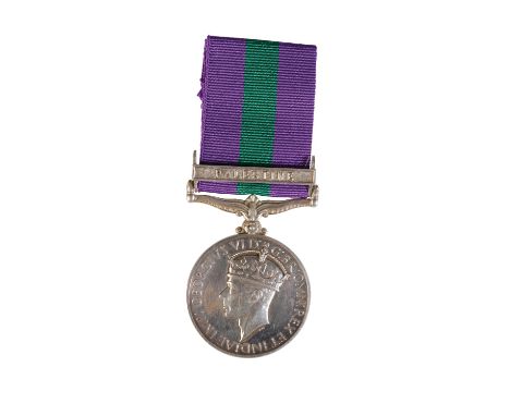 GENERAL SERVICE MEDAL clasp Palestine to 3852617 Pte. J. Bamford Loyals R . Rank shown as Drummer on the roll Condition = GVF