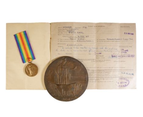 VICTORY MEDAL AND PLAQUE WITH CARD COVER to 29412 Pte. W. Collett Lincoln Regt. William Collett is buried in Janval cemetery,