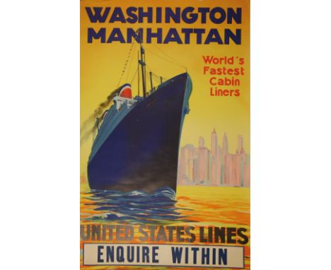 VINTAGE COLOURED POSTER by R. Devignes, 'United States Lines Washington Manhattan Worlds Fastest Cabin Liners, Enquire Within