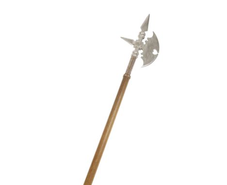 CEREMONIAL POLE-AXE with spike, crescent blade and oak shaft, stamped makers mark to the blade, 212cm long 