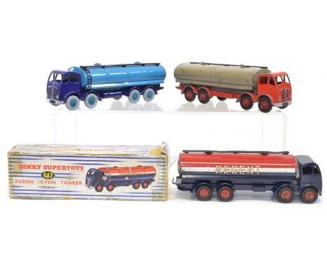 Three Dinky Supertoys Foden Tankers Dinky Supertoys 942 Foden 14-Ton Tanker "Regent", blue cab, red white and blue tank, red 