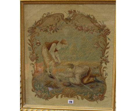 A Continental tapestry work picture of a young couple in a landscape, 19th Century, portrayed in rustic attire, a dove on the