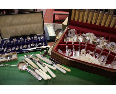 Silver and plate; A silver napkin ring J&R Griffin, Chester, 1916, two silver spoons and an oak canteen and further plate