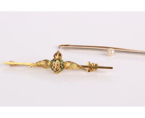 A 14ct gold RAF tie pin and a 15ct tie pin with seed pearl (2)