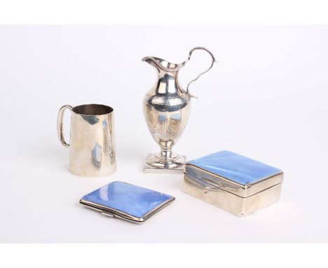 Silver: A George III silver cream jug London 1779 maker's mark worn , a Walker Hall Christening Cup, a silver blue enamelled 