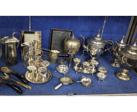 Silver Plate; A mixed lot to include teapots, flatware, egg cups, tankards and further tableware (qty)