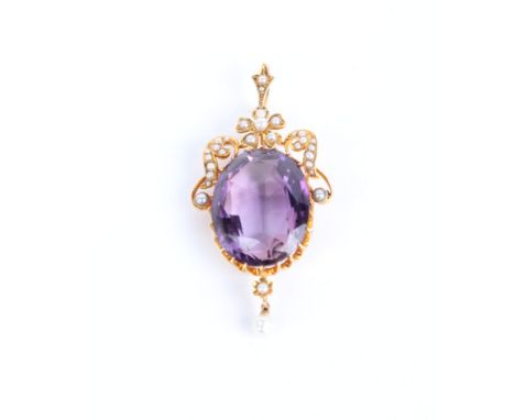 A gold, amethyst and seed pearl pendant, floral decorated, (gold unmarked), 14.3g in total 