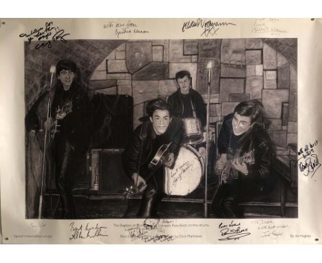 SIGNED BEATLES PRINT. A rolled limited edition print of a piece by Jim Hughes (300/500, measures 33 x 23") signed variously b