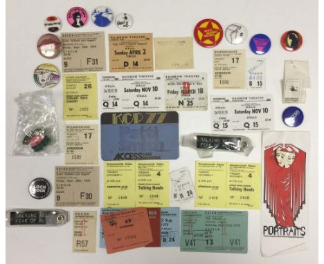 PUNK BADGES AND TICKETS INC DAMNED WITH T REX. Approx 15 assorted ticket stubs for concerts mostly circa 1970s and approx 17 