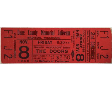 UNUSED 1968 DOORS TICKET. An untorn ticket for a 1968 Doors concert at Dane County Memorial Coliseum on Nov 8th 1968. Measure