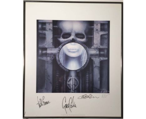 EMERSON LAKE AND PALMER - HR GIGER ARTWORK SIGNED BY BAND. A framed, limited edition 'plate signed' print of HR Giger's work 