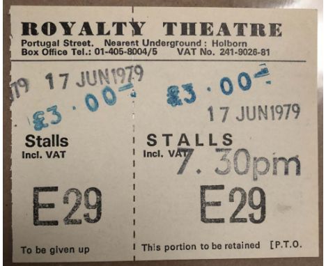 JUNE 1979 JOY DIVISION TICKET UNTORN. An untorn ticket for an event at London's Royalty Theatre on 17th June 1979. The billed