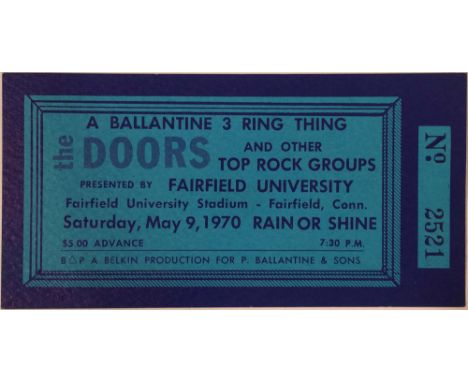 UNUSED 1970 DOORS TICKET - CANCELLED CONCERT. An unused card ticket for a cancelled Doors performance at Fairfield University