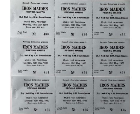 UNUSED 1980 IRON MAIDEN TICKETS. A set of three untorn ticket sets for a May 1980 Iron Maiden show in Aberdeen. All in excell