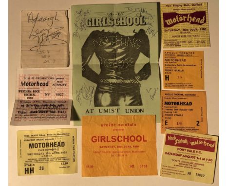 MOTORHEAD 70S/80S TICKETS - LEMMY/GIRLSCHOOL SIGNED. Intriguing collection of early Motorhead tickets to include: Sat 28th Ju