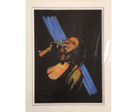 RONNIE WOOD SIGNED PRINT. A limited edition mounted print of a work by Ronnie Wood titled 'Paint it Black Gimme Shelter'. Sig