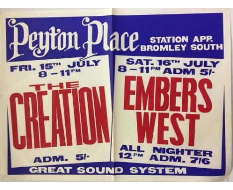 THE CREATION/EMBERS WEST. An original poster for two nights (The Creation/Embers West) at Peyton Place, Bromley circa 1960s. 